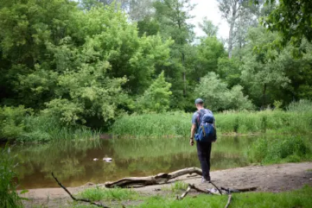 Turysta z plecakiem stoi na piaszczystym brzegu rzeki Świder, otoczonej gęstym zielonym lasem