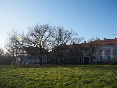 Zabytkowe budynki przy ulicy Kościuszki w Płocku z czerwonym dachem, na pierwszym planie trawnik i bezlistne drzewa