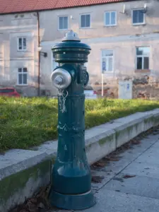 Zielony hydrant przeciwpożarowy przy krawężniku chodnika na tle starej kamienicy w Płocku