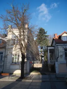 Wejście z żeliwną bramą do Zespołu Szkół Centrum Edukacji przy Kościuszki w Płocku, między kamienicami